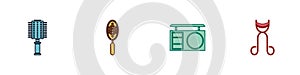 Set Hairbrush, , Eye shadow palette and Eyelash curler icon. Vector