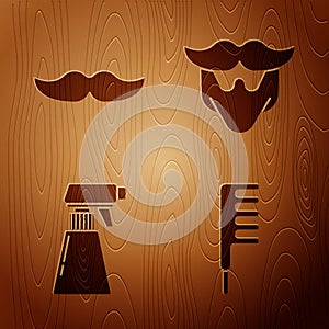 Set Hairbrush, Mustache, Hairdresser pistol spray bottle and Mustache and beard on wooden background. Vector