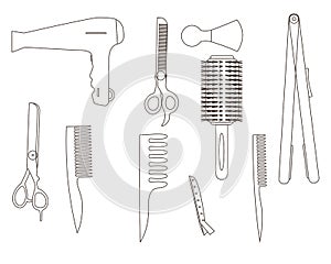 Set of haircutting tools. Line style