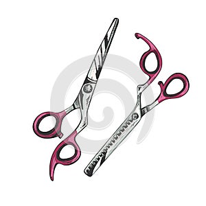 set of hairdressing scissors with pink handles