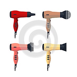Set hairdryer icon logo flat isolated on white background. Colorful hairdrier blow hot air, driers for barbershop, hair styling to