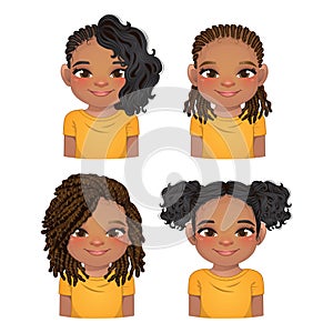 Set of hairstyle for black girls, girls faces, avatars, kid heads different color hair vector