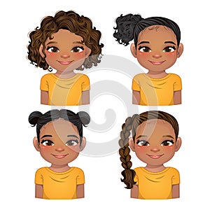 Set of hairstyle for black girls, girls faces, avatars, kid heads different color hair vector