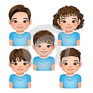 Set of hairstyle for boys, boys faces, avatars, brown hair kid heads different hairstyle vector