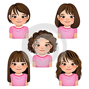 Set of hairstyle for girls, girls faces, avatars, brown hair kid heads vector