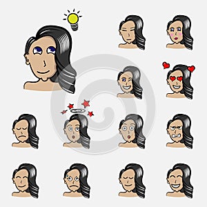 Set of hairstyle woman`s emotions. Facial expression find idea. Girl Avatar. Hand drawn style vector