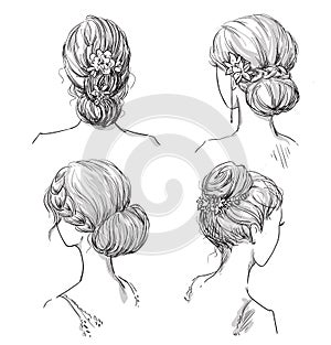 Set of hairstyles. Bridal hairdo. Hand drawn.