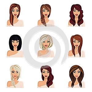 Set of hairstyles for girls, create your avatar, young woman girl. Hairstyles for long hair isolated. Face neck, eyes