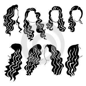 Set of hairstyles silhouettes with long wavy hair, hollywood wave style in haircuts for design