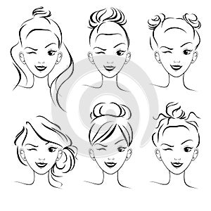 A set of hairstyles, a sketch. Fashionable hairstyles for long hair, bun