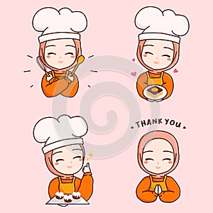 Set halal homemade logo template elements with muslim cute woman chef with hijab holding dessert box, bakery, cake, kitchen tools