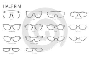 Set of Half Rim frame glasses fashion accessory illustration. Sunglass front view for Men, women, unisex silhouette