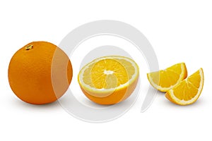 Set of half, slice, piece orange fruits isolated on white background with clipping path