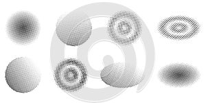 Set of halftone circular dots isolated on white background. Abstract dot circles, circular halftones, gradient and pop