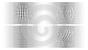 Set of halftone convex distorted gradient circle dots backgrounds. Horizontal bulging halftone dots pattern. Vector