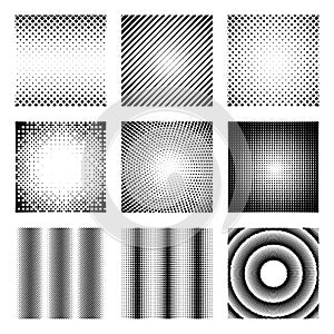 Set of halftone elements. Monochrome abstract patterns for DTP, prepress or generic concepts. Collection of retro backdrops.