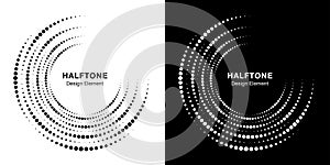 Set of Halftone incomplete circle frame dots logo background. Half round Icon halftone circle dots texture. Vector