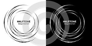 Set of Halftone vortex circle frame dots logo. Incomplete round border Icon using halftone circle dots texture. Vector