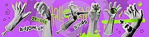 Set of halftone zombie hands. Scary zombie arms with retro halftone dotted effect for decoration of Halloween