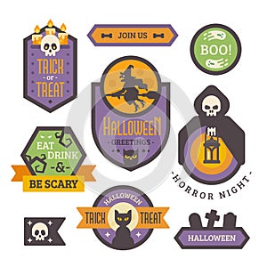 Set of Halloween badges. Flat holiday elements and banners