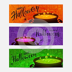 Set of Halloween banners with cauldrons and a potions