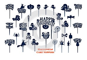Set of halloween cake toppers with pumpkin, ghost, witch silhouette, skull and bones.