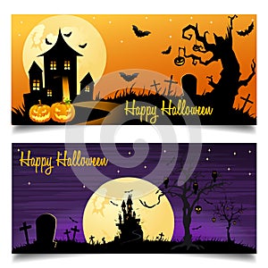 Set of halloween card background with castle and bats