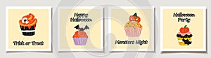 Set of Halloween cards with Set of four Cute halloween cupcakes cartoon characters