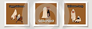 Set of Halloween cards with Set of three ?ouple in Halloween costume. Ghos. Greeting cards with Magic items