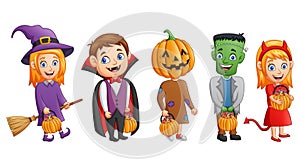 Set of halloween cartoon costumes children holding pumpkin