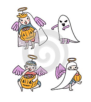 Set of halloween characters. Children in costumes.Ghost and angels with pumpkin and sweets.