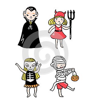 Set of halloween characters. Children in costumes. Vampire, devil, ghost and skeleton.