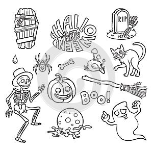 Set of Halloween characters and text `Halloween party` in cartoon style.