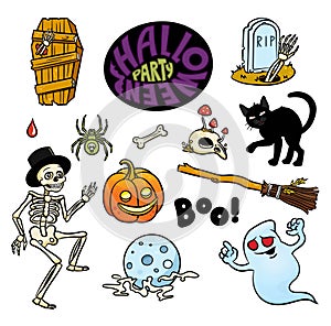 Set of Halloween characters and text `Halloween party` in cartoon style.