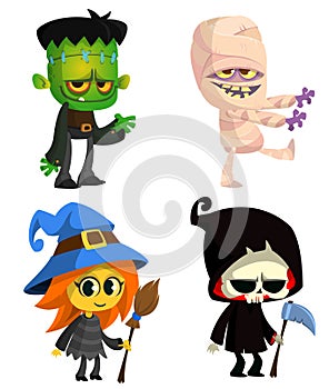 Set of Halloween characters. Vector cartoon zombie, mummy, witch with a broom, grim reaper with scythe