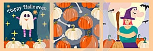 Set of Halloween cover posters with a witch, pumpkins and ghost. Cute illustrations with characters and seamless pattern