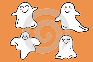 Set of halloween cute ghosts. Cartoon doodle ghost character collection isolated on orange background. Vector illustration