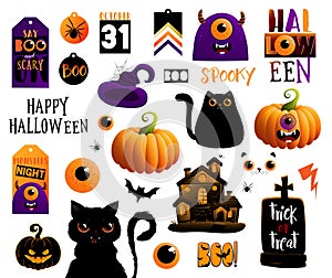 Set of Halloween elements, vector illustrations with lettering