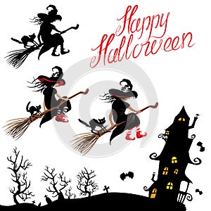 Set of Halloween elements - witch sillouette and black cat flying