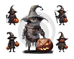 Set of Halloween evil characters holding pumpkin lanterns. Scary character in a witch\'s hat and black cloak