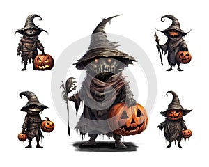 Set of Halloween evil characters holding pumpkin lanterns. Scary character in a witch\'s hat and black cloak