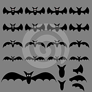 Set of Halloween Flying Bats for your Design, Game, Card. Big Collection of Bat Silhouettes. Vector Illustration.