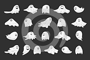 set of halloween ghost with scary and funny smiling face, cartoon vector