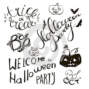 Set of Halloween hand drawn elements and lettering for greeting card or invitation. Hand drawn sketches for your design of poster,