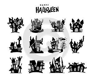 Set of Halloween haunted house. Collection of Haunted House. Hand drawn black silhouette of haunted house, ghost mansion, castle.