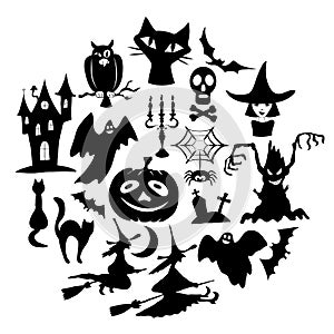 Set of halloween icons, black silhouettes in a circle