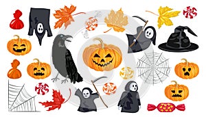 Set of Halloween icons. Collection of vector bright illustrations in cartoon flat style.