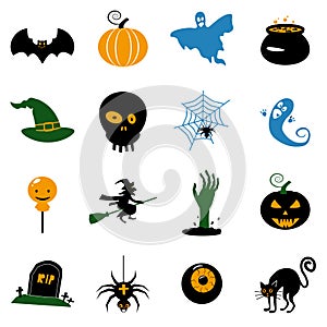 Set Halloween icons and illustrations colorful pumpkins bat, owl, ghost, pot, moons, hat, gravestones, scary tree, cat
