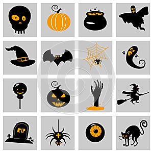 Set Halloween icons and illustrations colorful pumpkins bat, owl, ghost, pot, moons, hat, gravestones, scary tree, cat