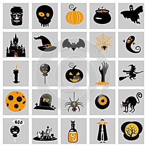 Set Halloween icons and illustrations colorful pumpkins bat, owl, ghost, pot, moons, hat, gravestones, scary tree, cat